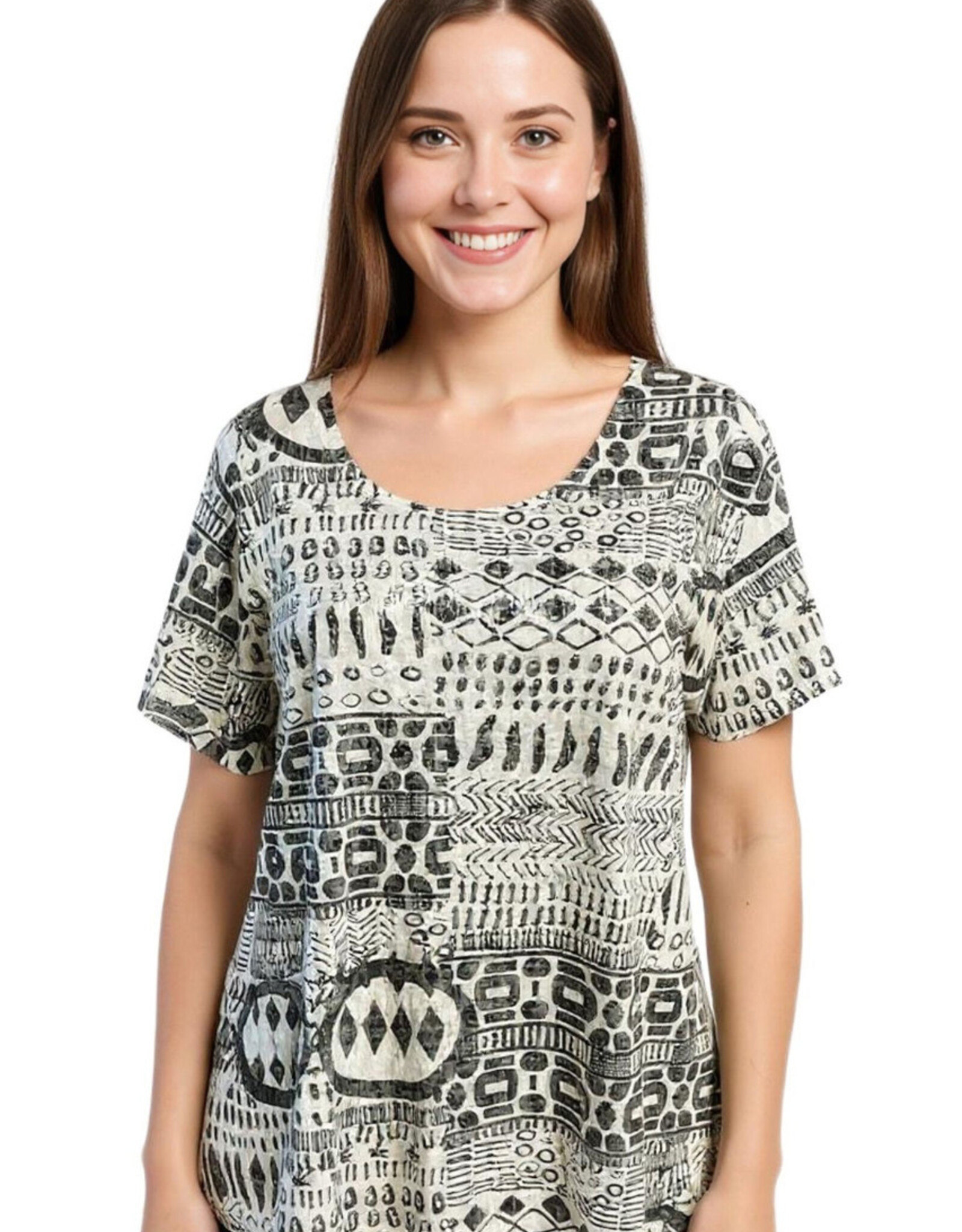 Creations Creation MTP-1 A8 B/W Metallic Round Neck S/S Top w/Embellishment