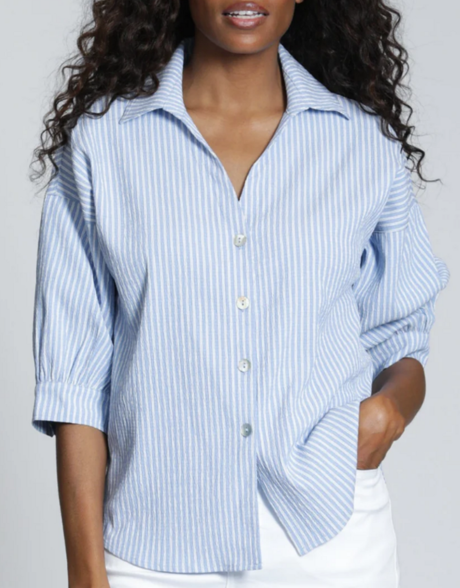 APNY APNY K55 Blue/White Stripe Collard Button Front Blouson Sleeve Top