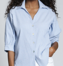 APNY APNY Blue/White Stripe Collard Button Front Blouson Sleeve Top