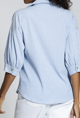 APNY APNY K55 Blue/White Stripe Collard Button Front Blouson Sleeve Top