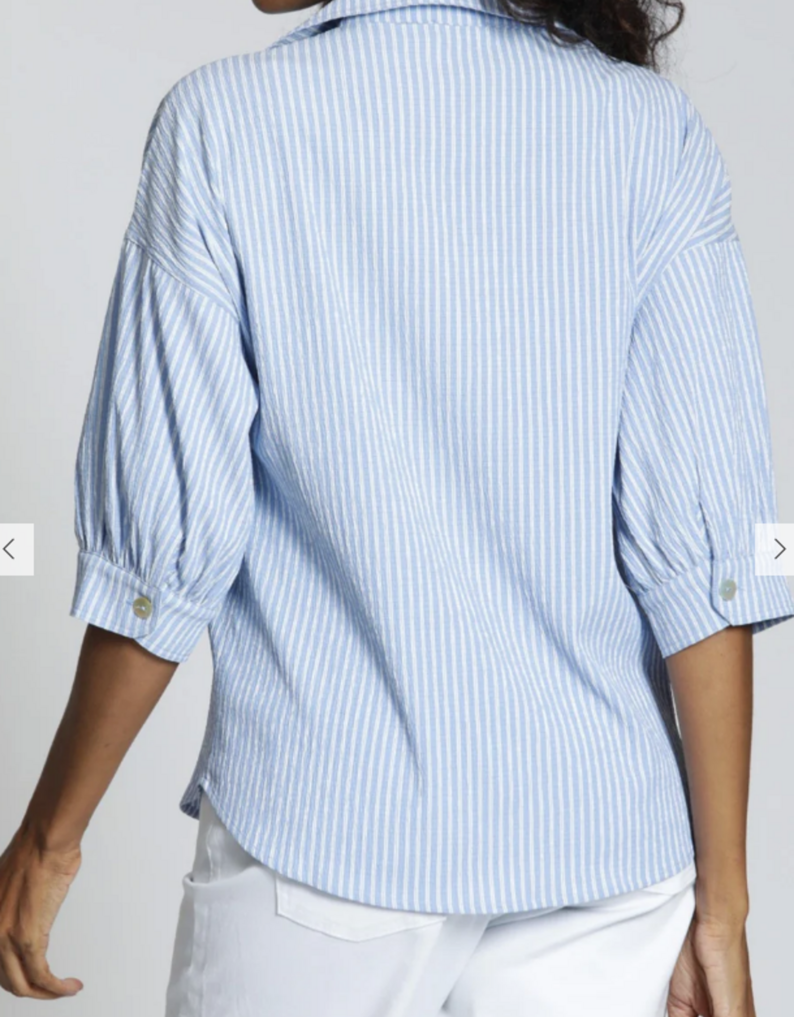 APNY APNY K55 Blue/White Stripe Collard Button Front Blouson Sleeve Top