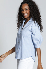 APNY APNY K55 Blue/White Stripe Collard Button Front Blouson Sleeve Top