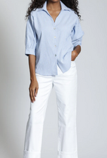 APNY APNY K55 Blue/White Stripe Collard Button Front Blouson Sleeve Top