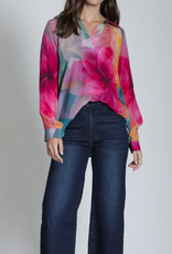 APNY APNY T16P Bright Pink Multi Flower Petal Half-Placket Pullover Top