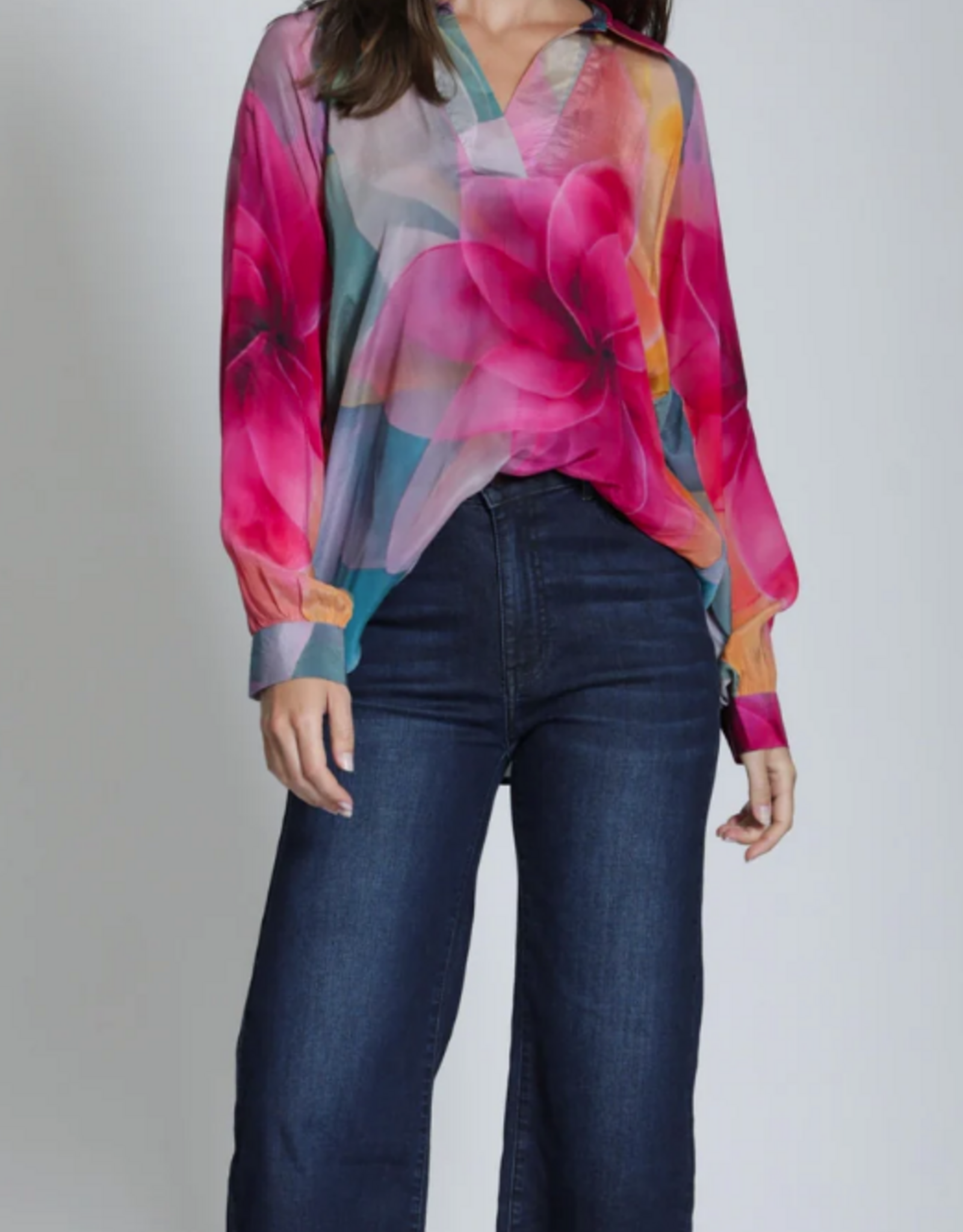 APNY APNY T16P Bright Pink Multi Flower Petal Half-Placket Pullover Top