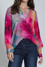 APNY APNY T16P Bright Pink Multi Flower Petal Half-Placket Pullover Top