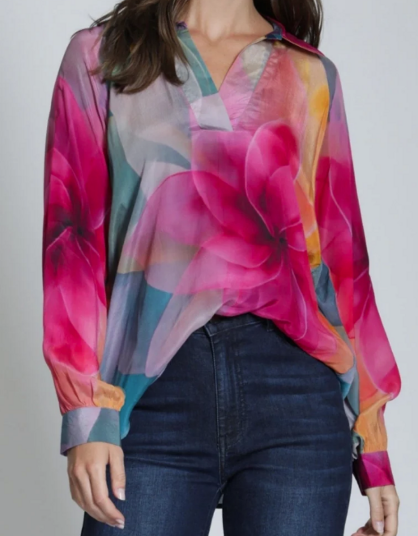 APNY APNY T16P Bright Pink Multi Flower Petal Half-Placket Pullover Top