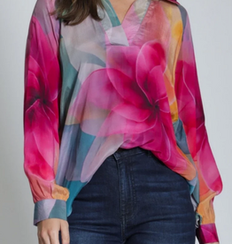 APNY APNY Bright Pink Multi Flower Petal Half-Placket Pullover Top