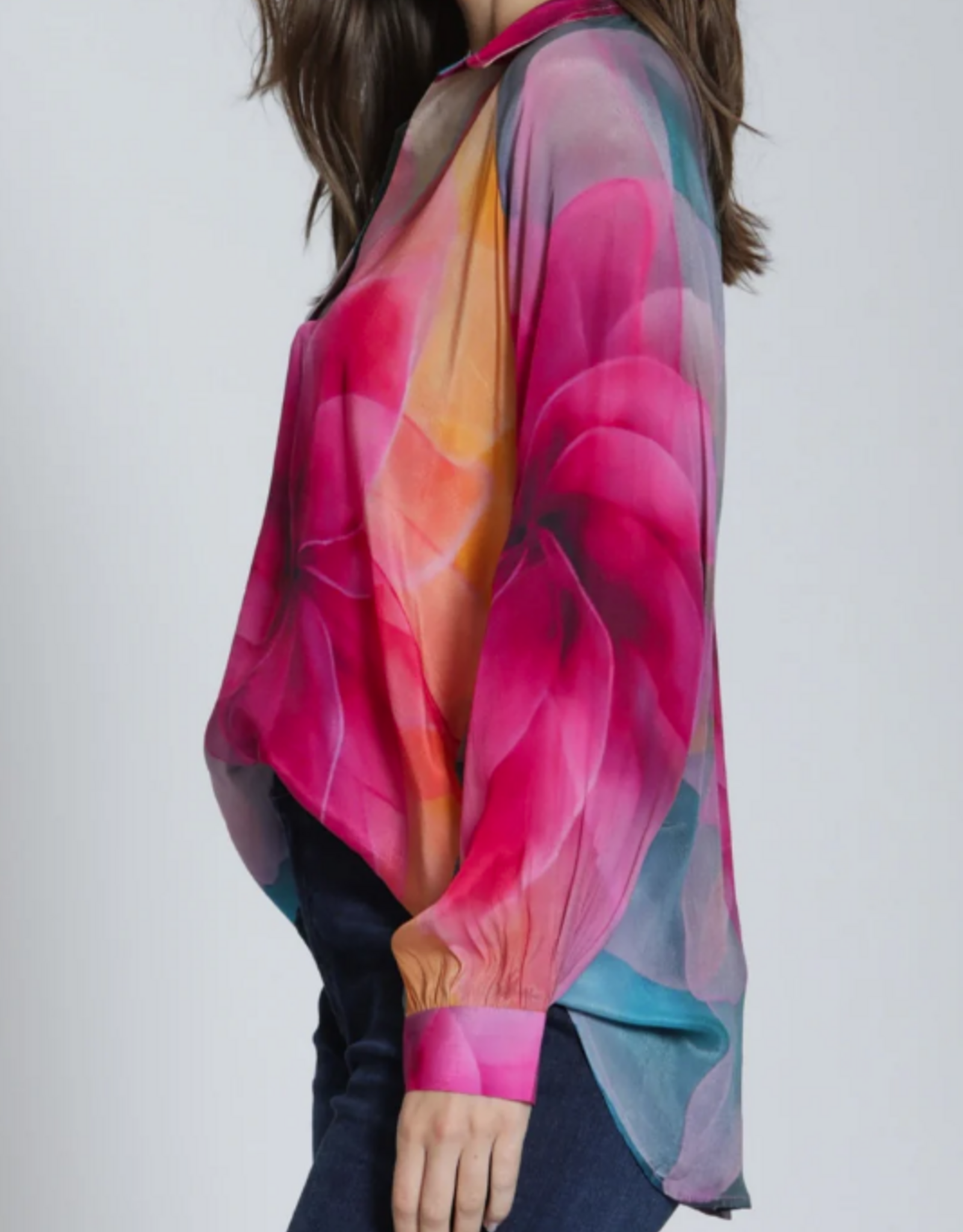 APNY APNY T16P Bright Pink Multi Flower Petal Half-Placket Pullover Top