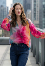 APNY APNY T16P Bright Pink Multi Flower Petal Half-Placket Pullover Top