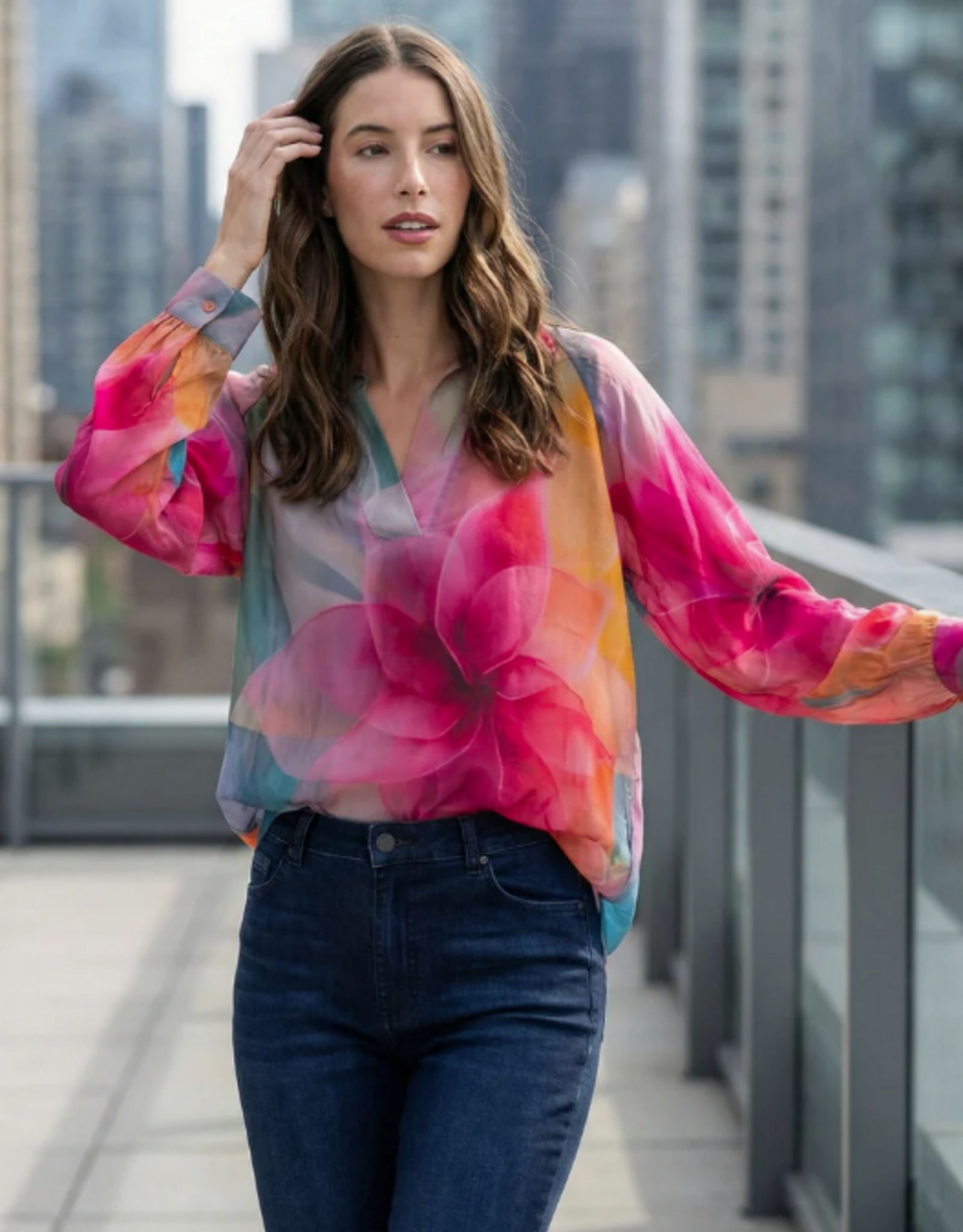 APNY APNY T16P Bright Pink Multi Flower Petal Half-Placket Pullover Top