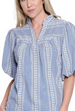 Tru Luxe Tru Luxe  Blue  Print V-Neck Short Sleeve Balloon Sleeve TopTop