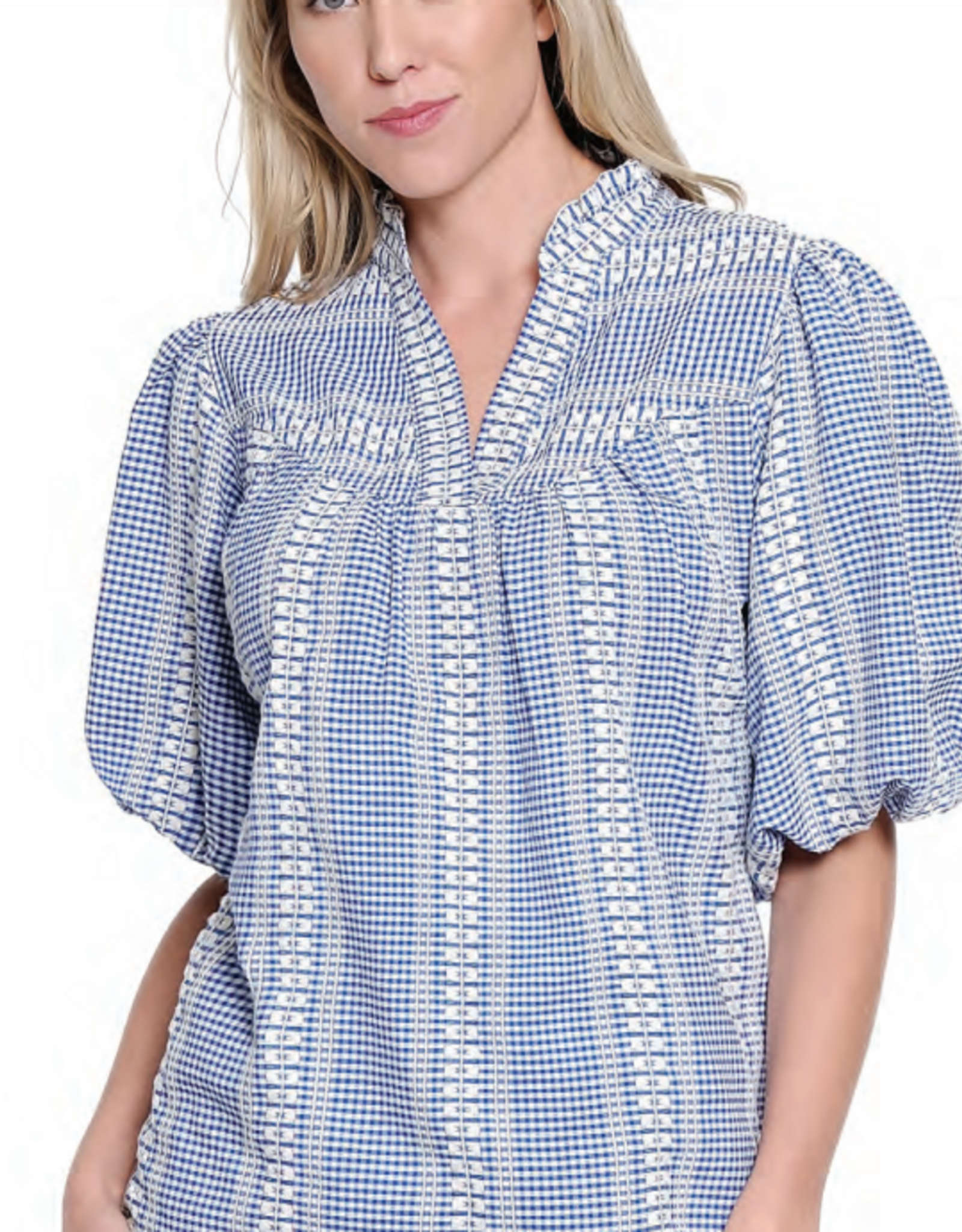 Tru Luxe Tru Luxe  Blue  Print V-Neck Short Sleeve Balloon Sleeve TopTop