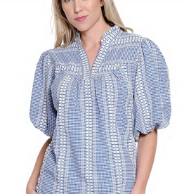 Tru Luxe Tru Luxe  Blue  Print V-Neck Short Sleeve Balloon Sleeve TopTop
