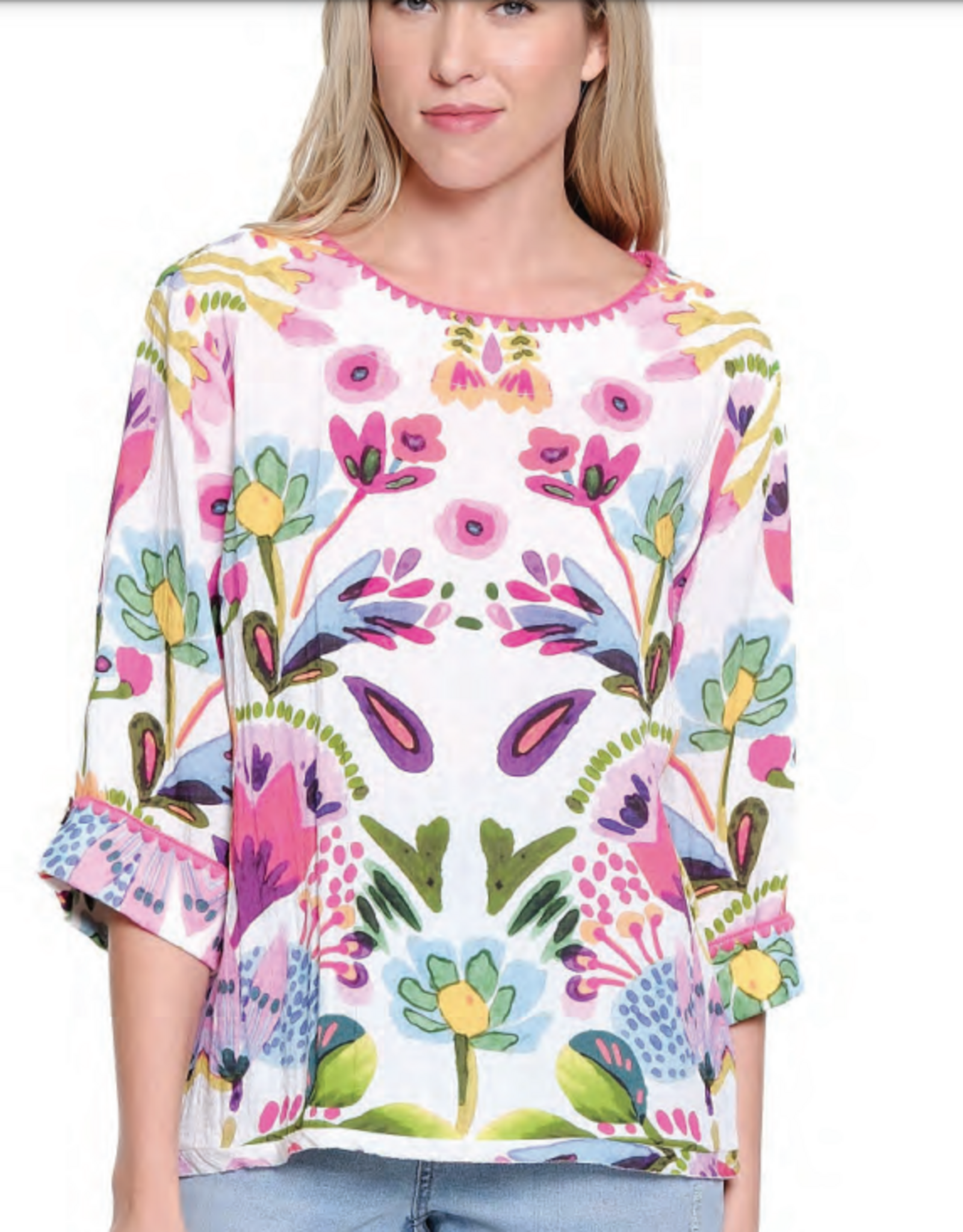Tru Luxe Tru Luxe White Multi Color Floral Print 3/4 Sleeve Top