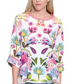Tru Luxe Tru Luxe  White Multi Color Floral Print 3/4 Sleeve Top