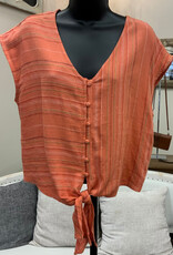 Tribal Tribal Guava Blush V-Neck  Cap Sleeve Button Up Tie Short Top
