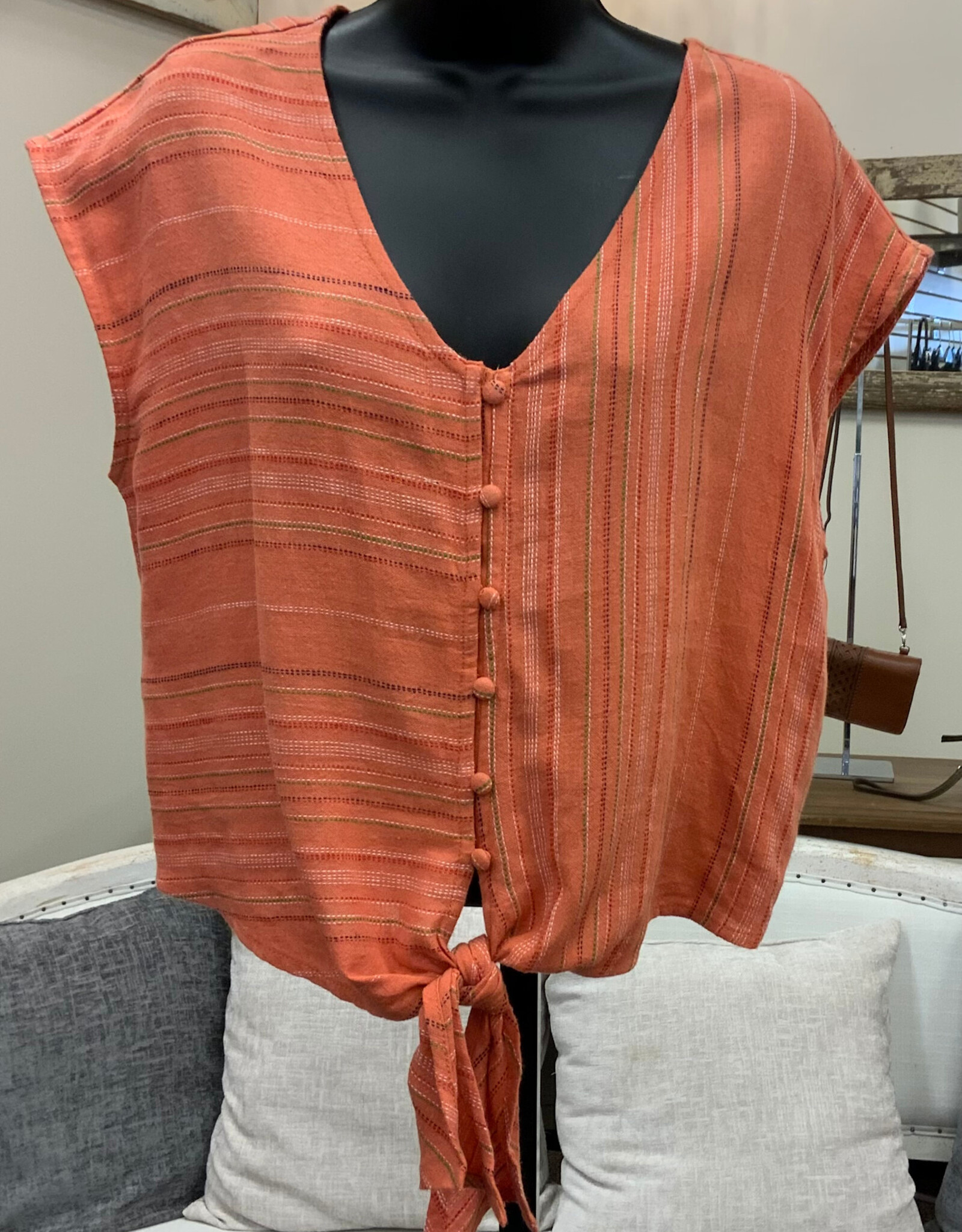 Tribal Tribal Guava Blush V-Neck  Cap Sleeve Button Up Tie Short Top