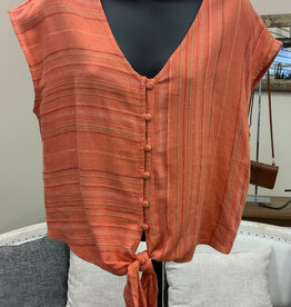Tribal Tribal Guava Blush V-Neck  Cap Sleeve Button Up Tie Short Top