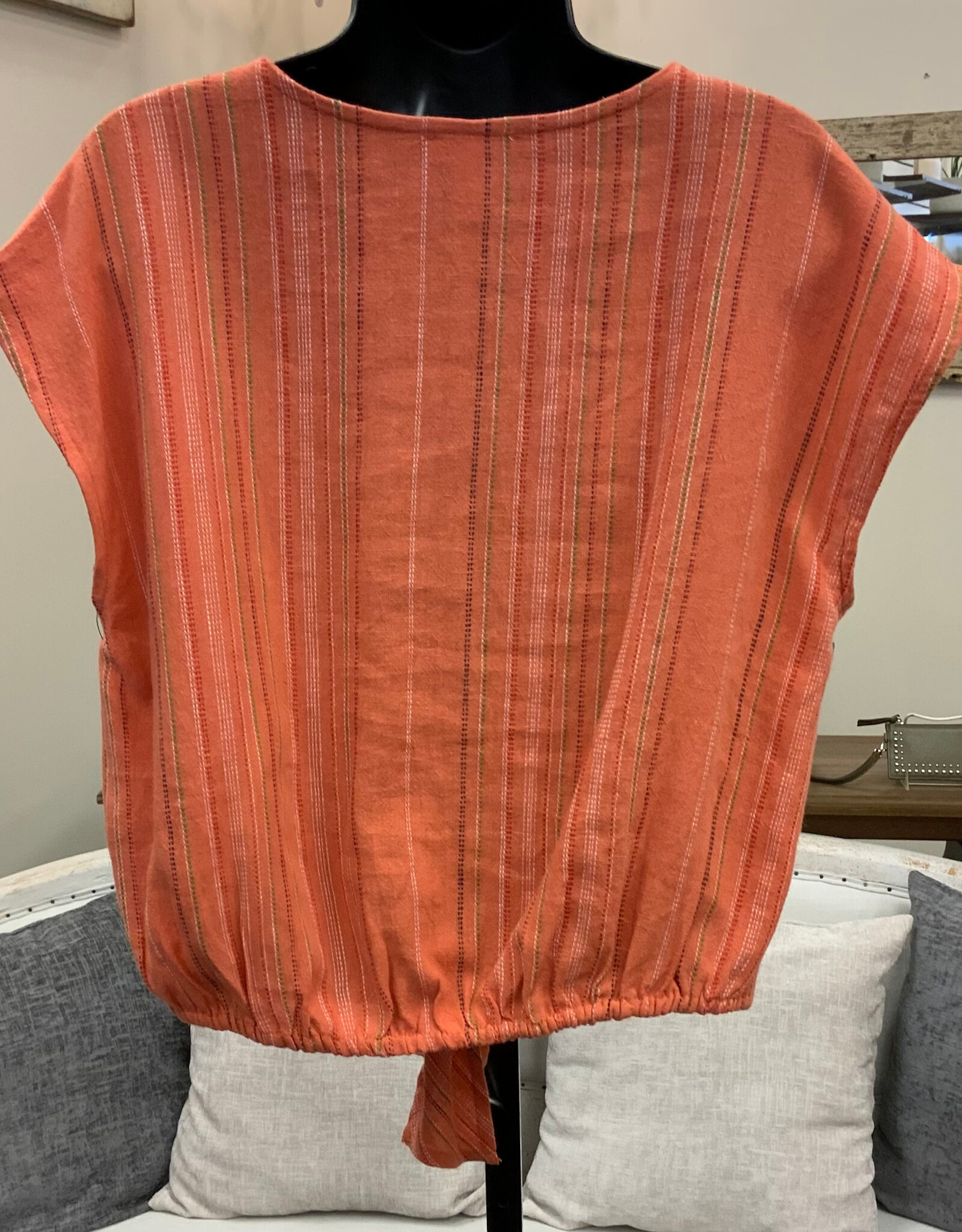 Tribal Tribal Guava Blush V-Neck  Cap Sleeve Button Up Tie Short Top