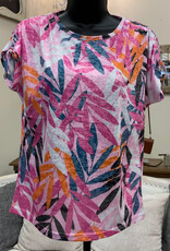 Picadilly Picadilly Hibiscus  Multi Leaf Print Round  S/S Top