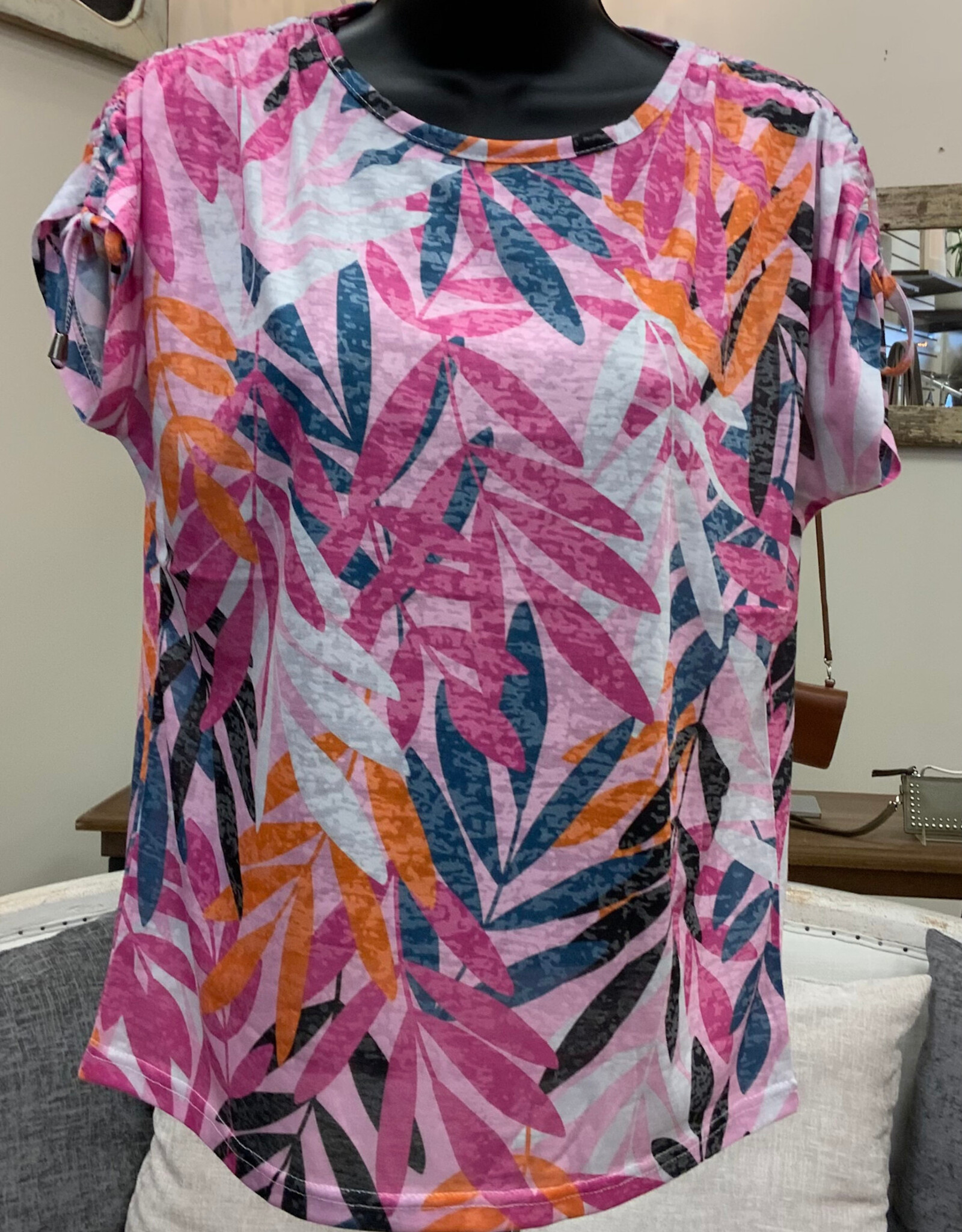 Picadilly Picadilly Hibiscus  Multi Leaf Print Round  S/S Top