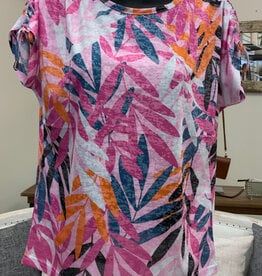 Picadilly Picadilly Hibiscus  Multi Leaf Print Round  S/S Top