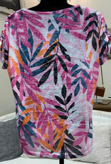 Picadilly Picadilly Hibiscus  Multi Leaf Print Round  S/S Top