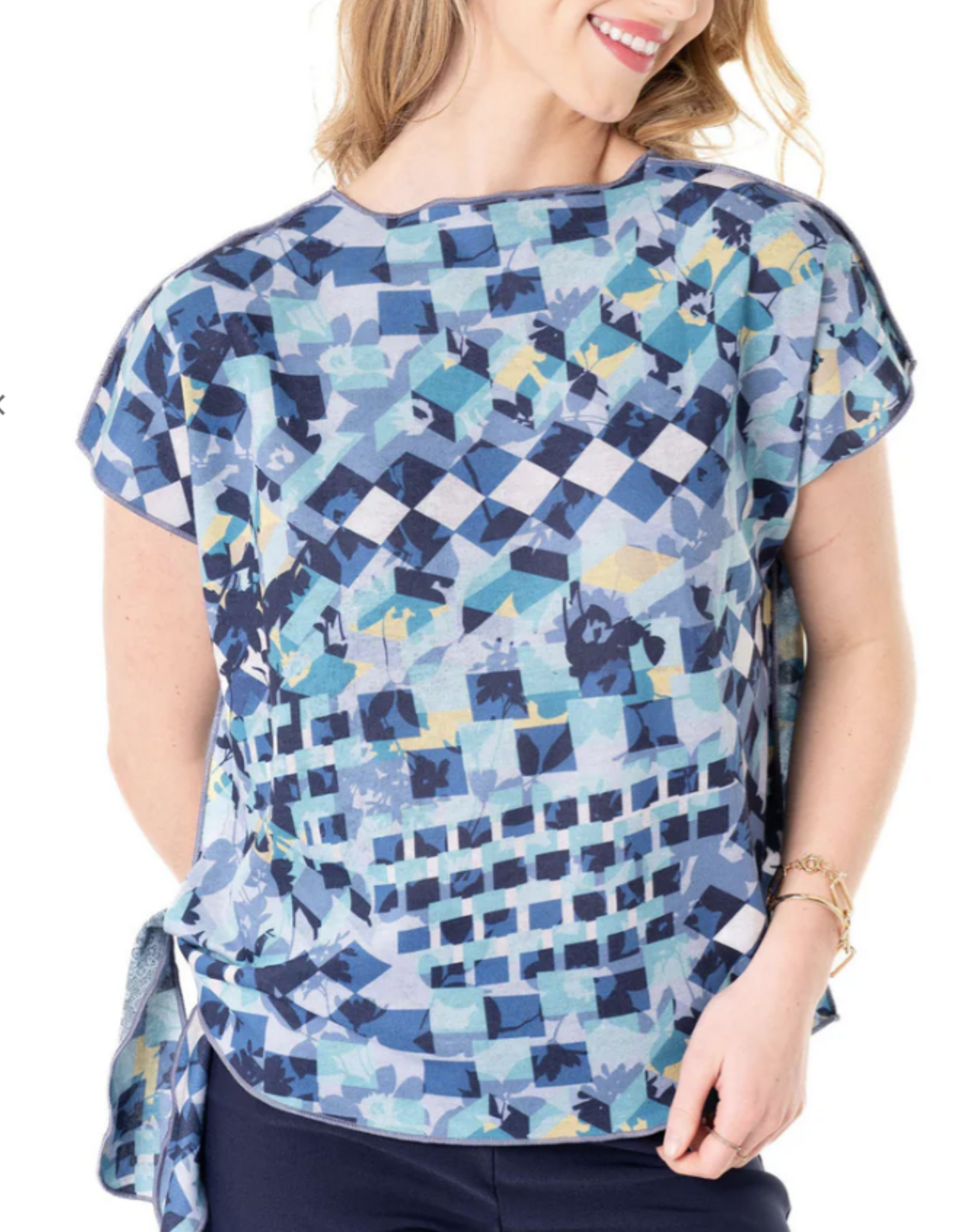 Trisha Tyler Trisha Tyler Turquoise Geo-Floral Print S/S Reversible Side Tie Top