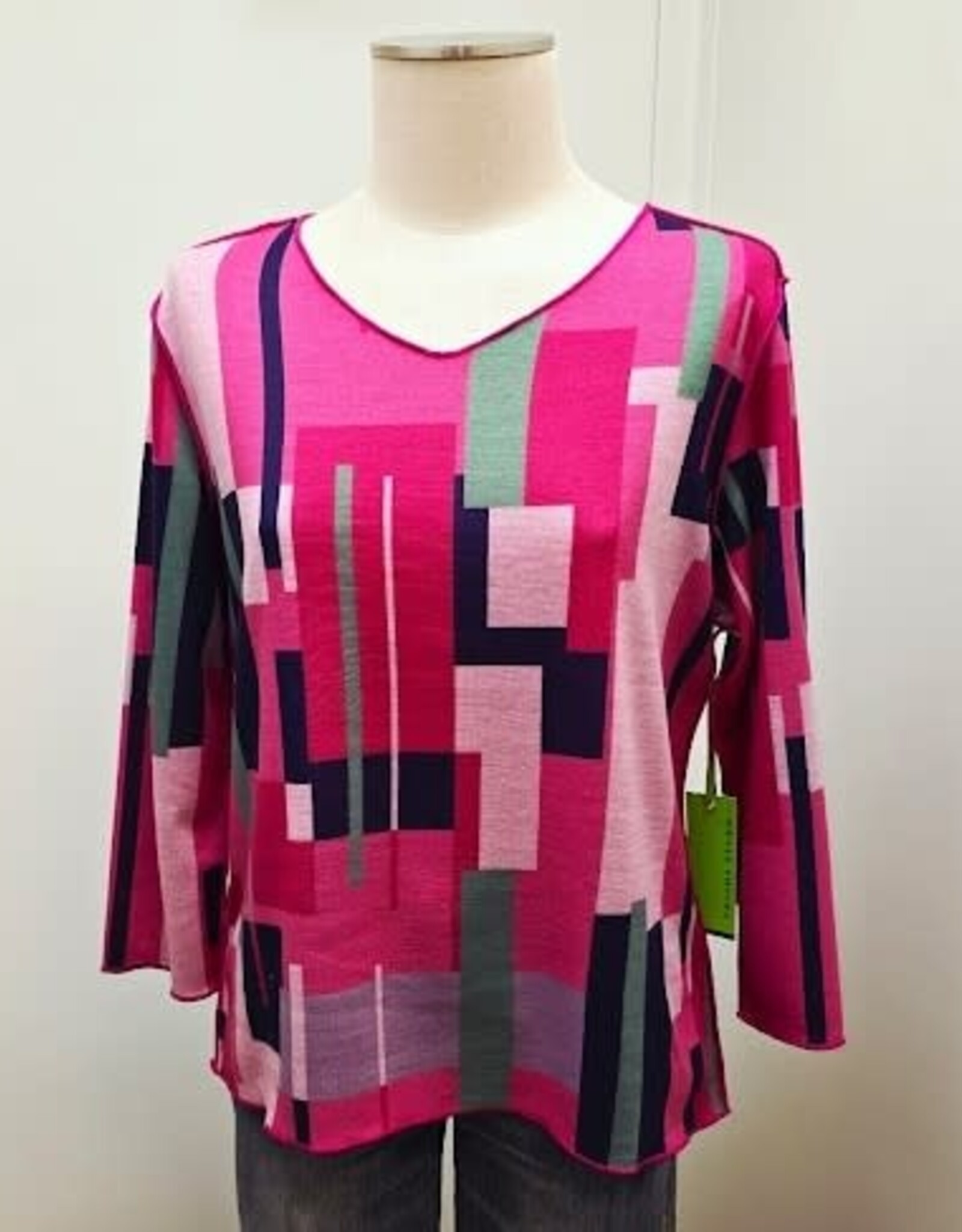 Trisha Tyler Trisha Tyler Pink/Green Block Print V-Neck 3/4 Sleeve Reversible  Top