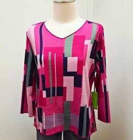 Trisha Tyler Trisha Tyler Pink/Green Block Print V-Neck 3/4 Sleeve Reversible  Top