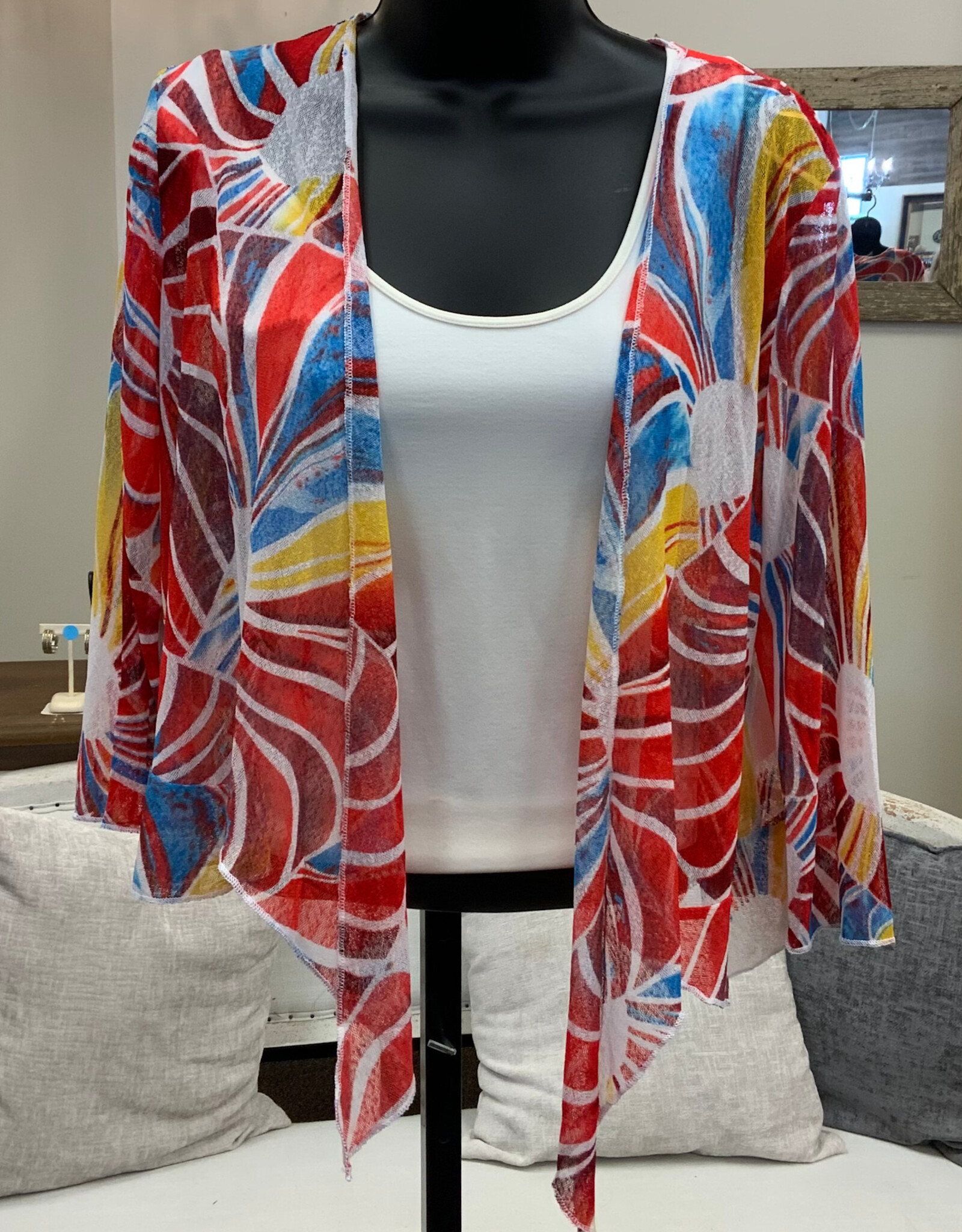 Creation Creation A357-J6 Red/Multi Sun-Ray Print 3/4 Sleeve Mesh Bolero