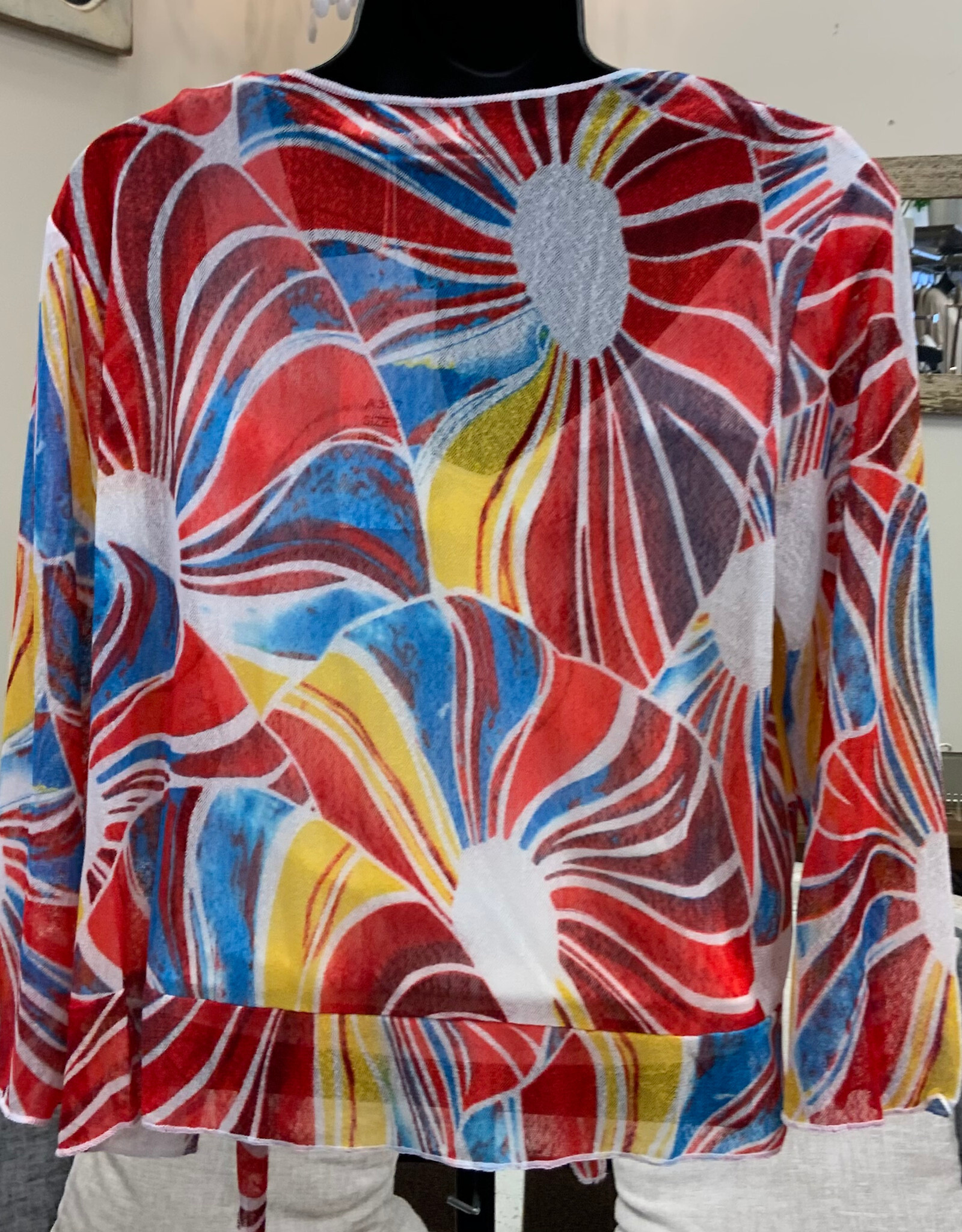 Creation Creation A357-J6 Red/Multi Sun-Ray Print 3/4 Sleeve Mesh Bolero