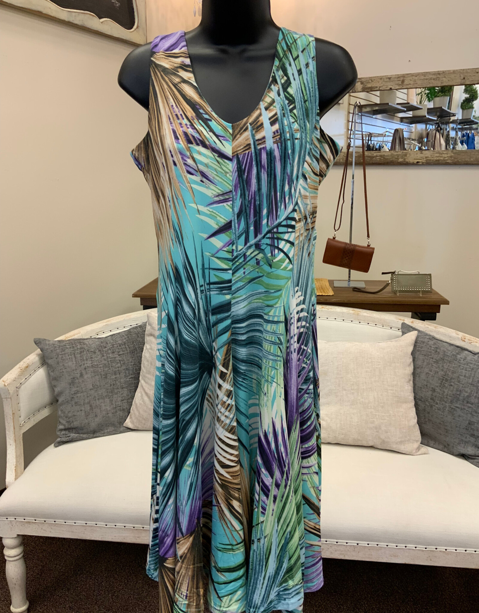 Creations Creations A367-810 Aqua Fern Print A-Line V-Neck Sleeveless Dress