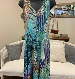 Creations Creations Aqua Fern Print A-Line V-Neck Sleeveless Dress