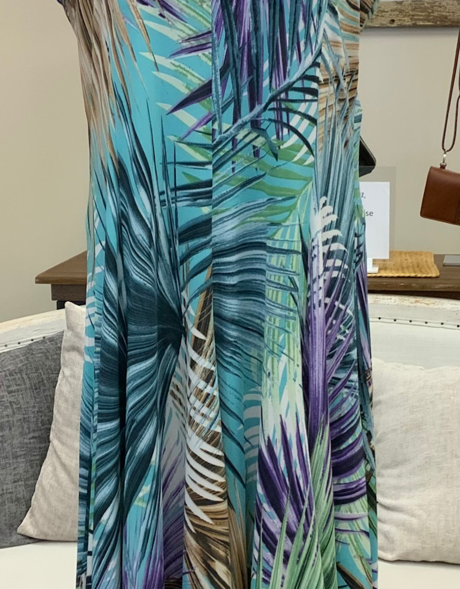 Creations Creations A367-810 Aqua Fern Print A-Line V-Neck Sleeveless Dress