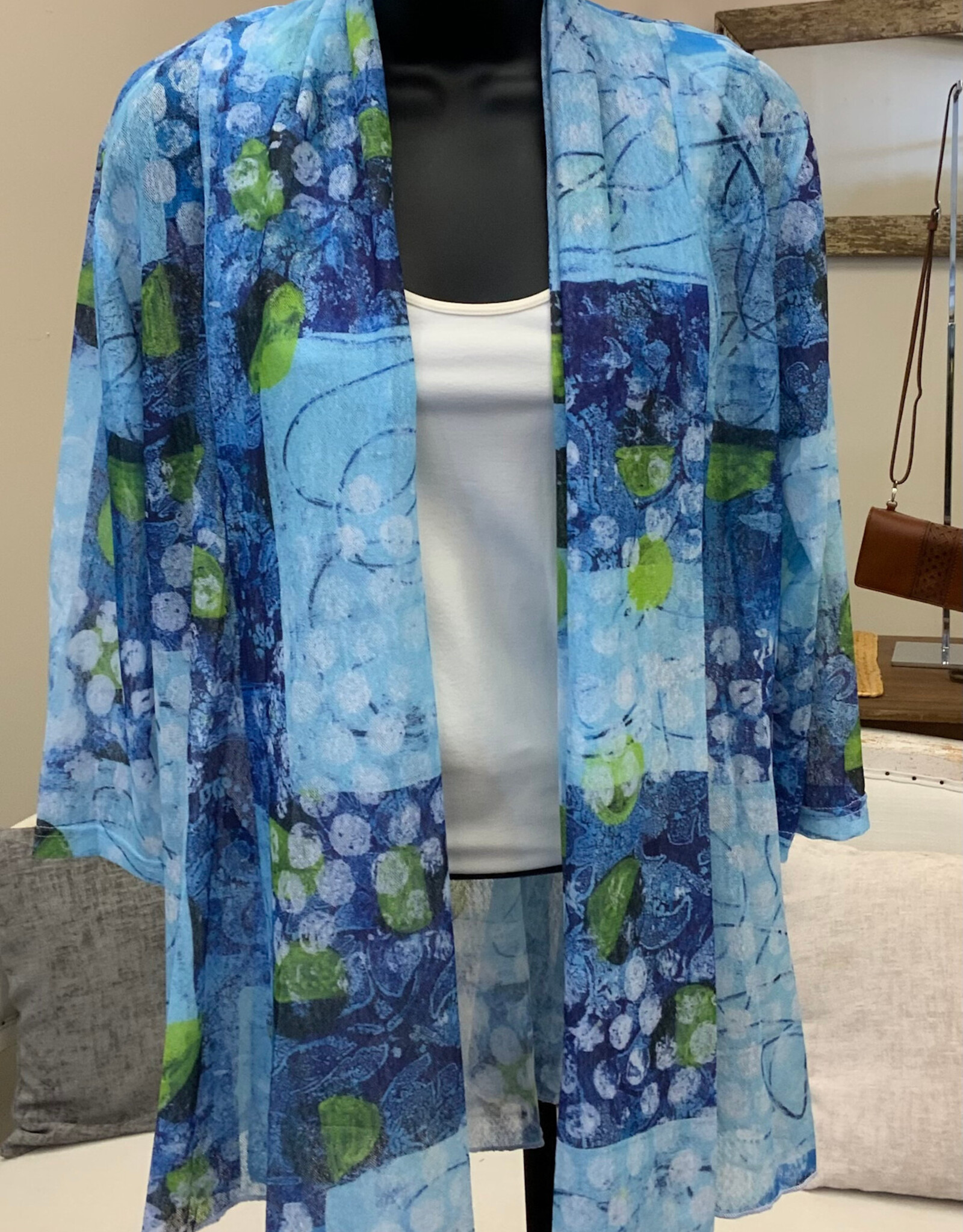 Creation Creations ART26 Blue Block Print Mesh Open Front 3/4 Sleeve Cardigan
