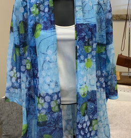 Creation Creations Blue Block Print Mesh Open Front 3/4 Sleeve Cardigan