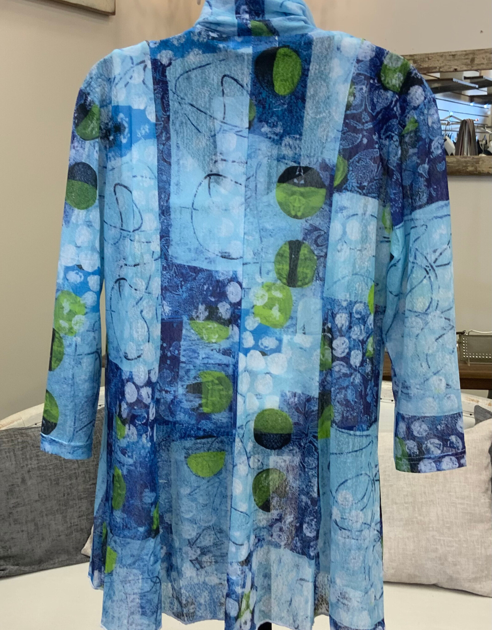 Creation Creations ART26 Blue Block Print Mesh Open Front 3/4 Sleeve Cardigan