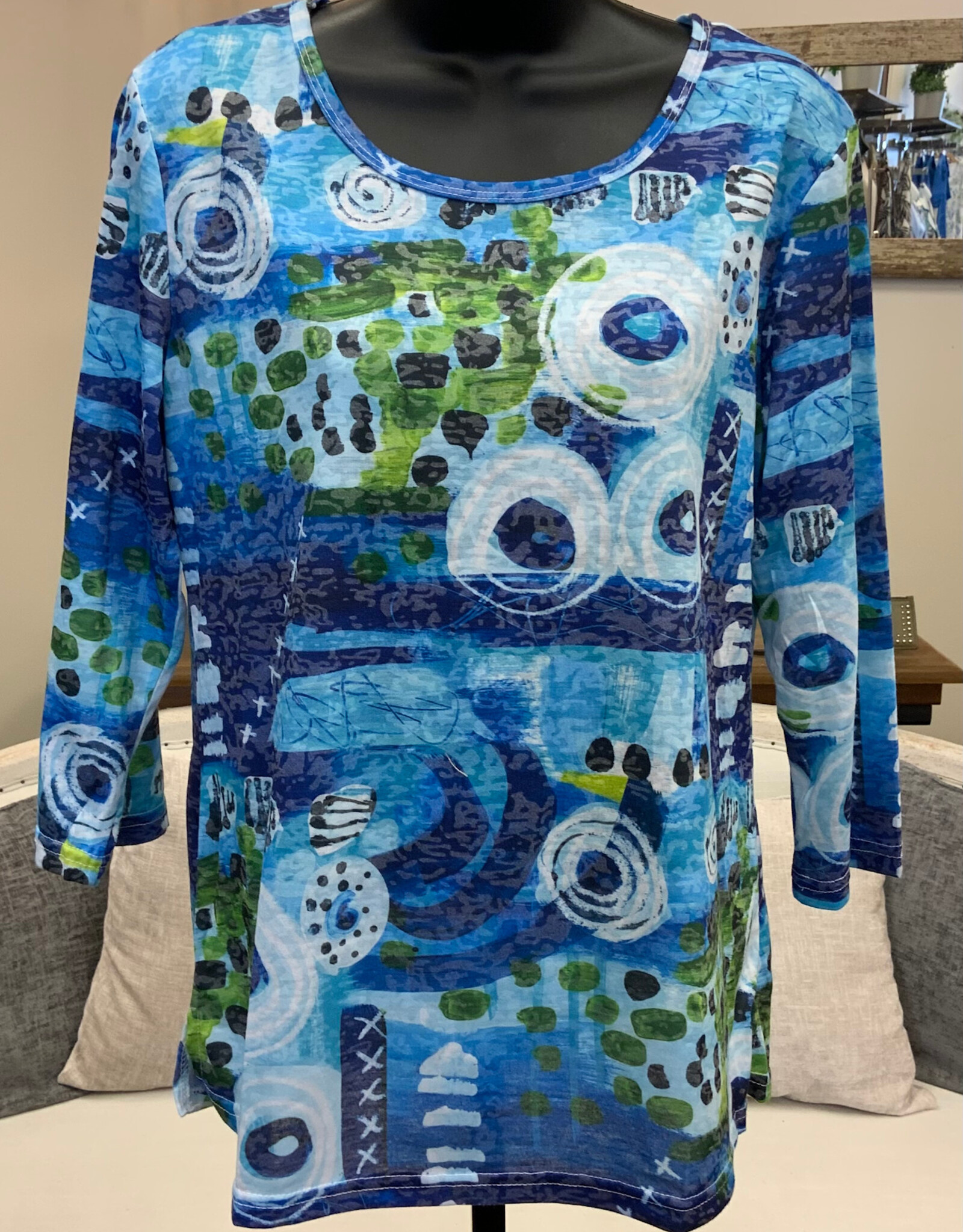 Creation Creations ART40 Blue Mashup Print Round Neck 3/4 Sleeve Top