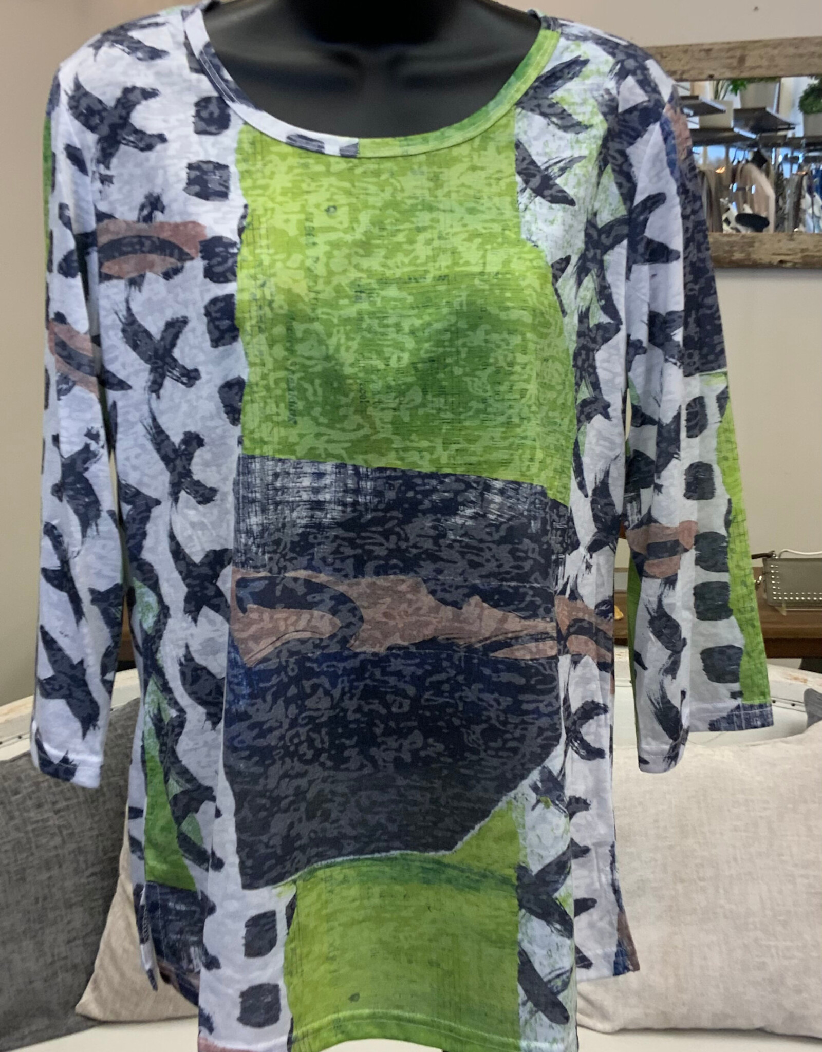 Creation Creations ART40 Lime/Multi X Print Round Neck 3/4 Sleeve Top