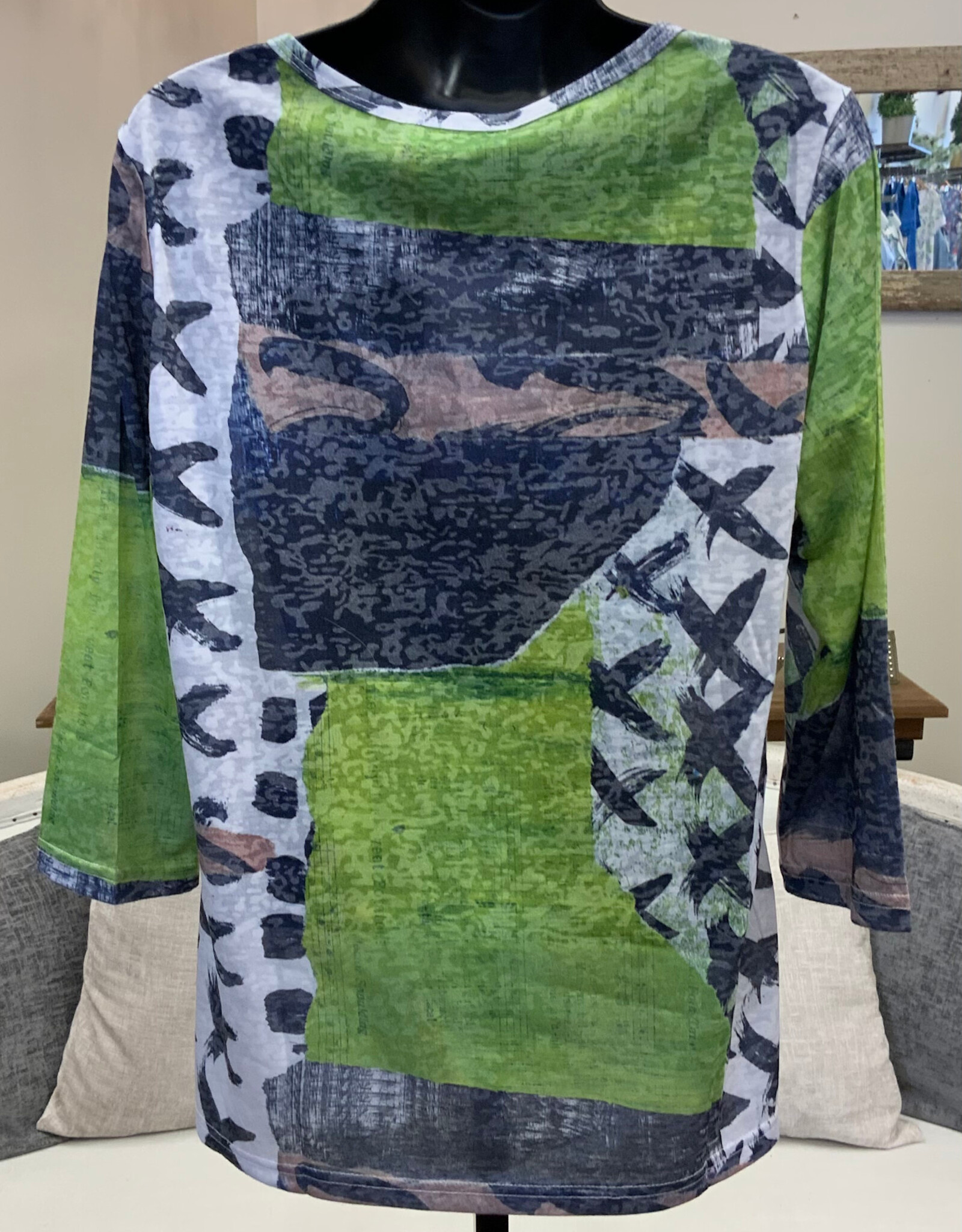 Creation Creations ART40 Lime/Multi X Print Round Neck 3/4 Sleeve Top