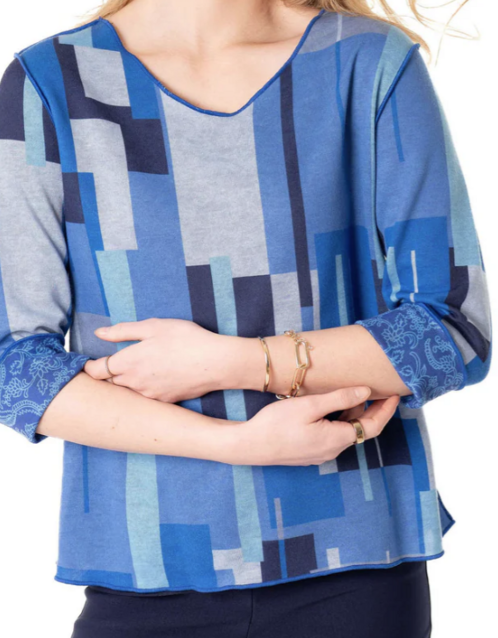 Trisha Tyler Trisha Tyler  Blue Block Print 3/4 Sleeve Reversible Top