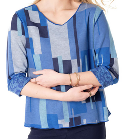 Trisha Tyler Trisha Tyler Blue Block Print 3/4 Sleeve Reversible Top