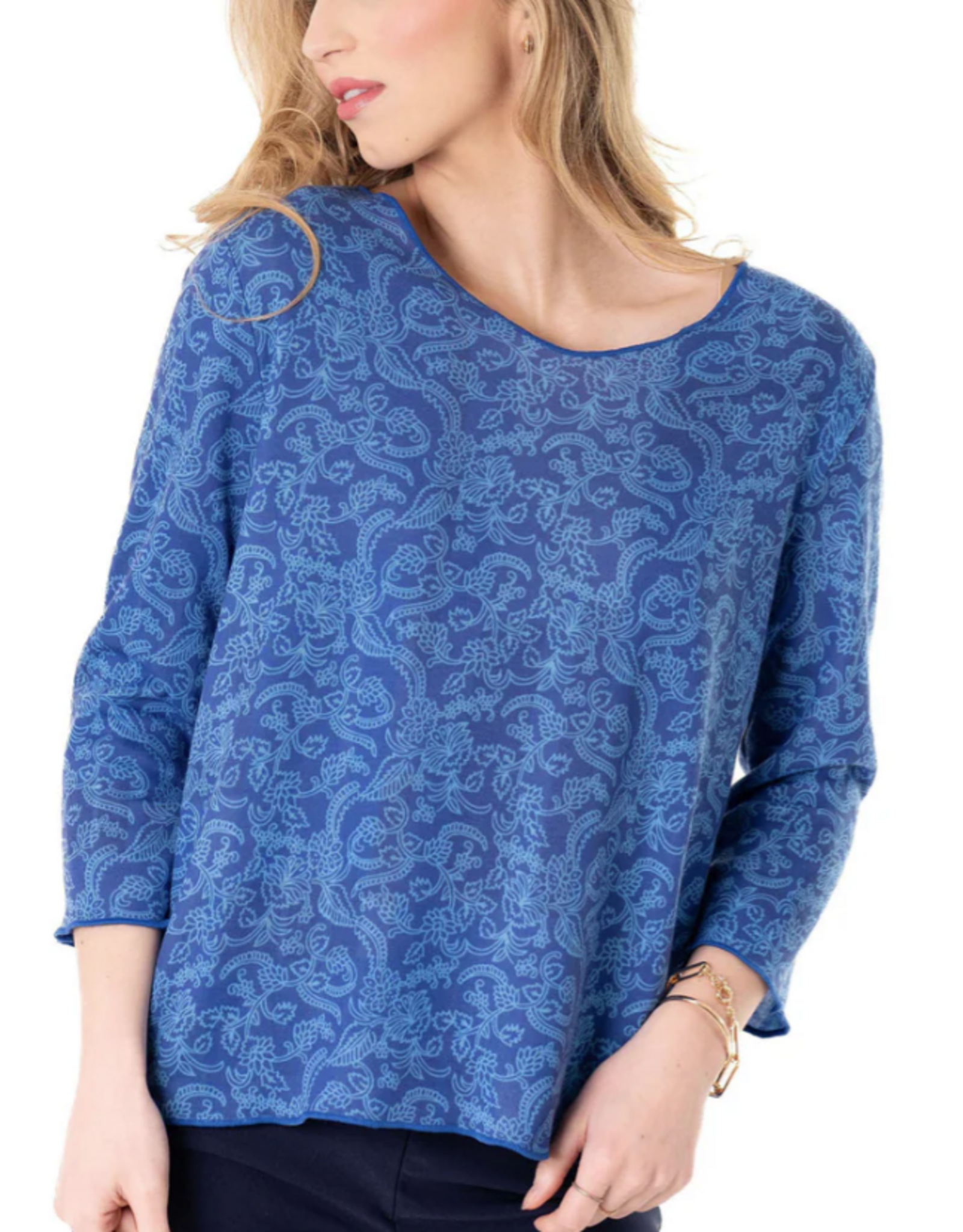 Trisha Tyler Trisha Tyler  Blue Block Print 3/4 Sleeve Reversible Top