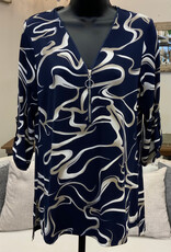 Bali Bali Navy Print V-Neck  1/4 Zip 3/4 Sleeve Top