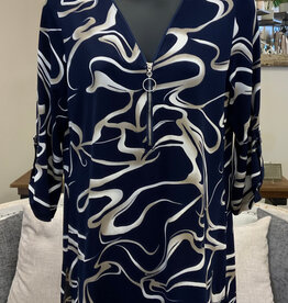 Bali Bali Navy Print V-Neck  1/4 Zip 3/4 Sleeve Top