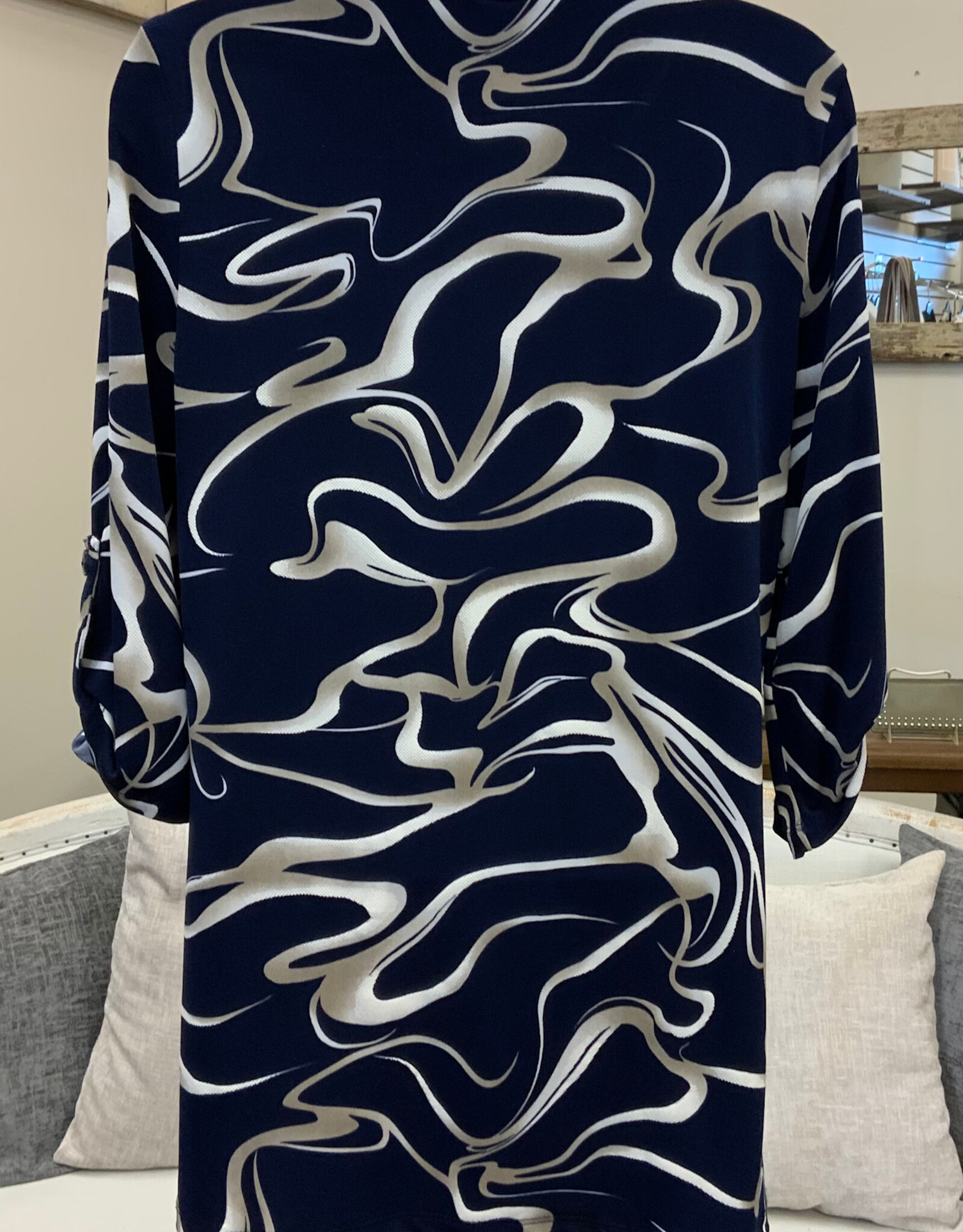 Bali Bali Navy Print V-Neck  1/4 Zip 3/4 Sleeve Top