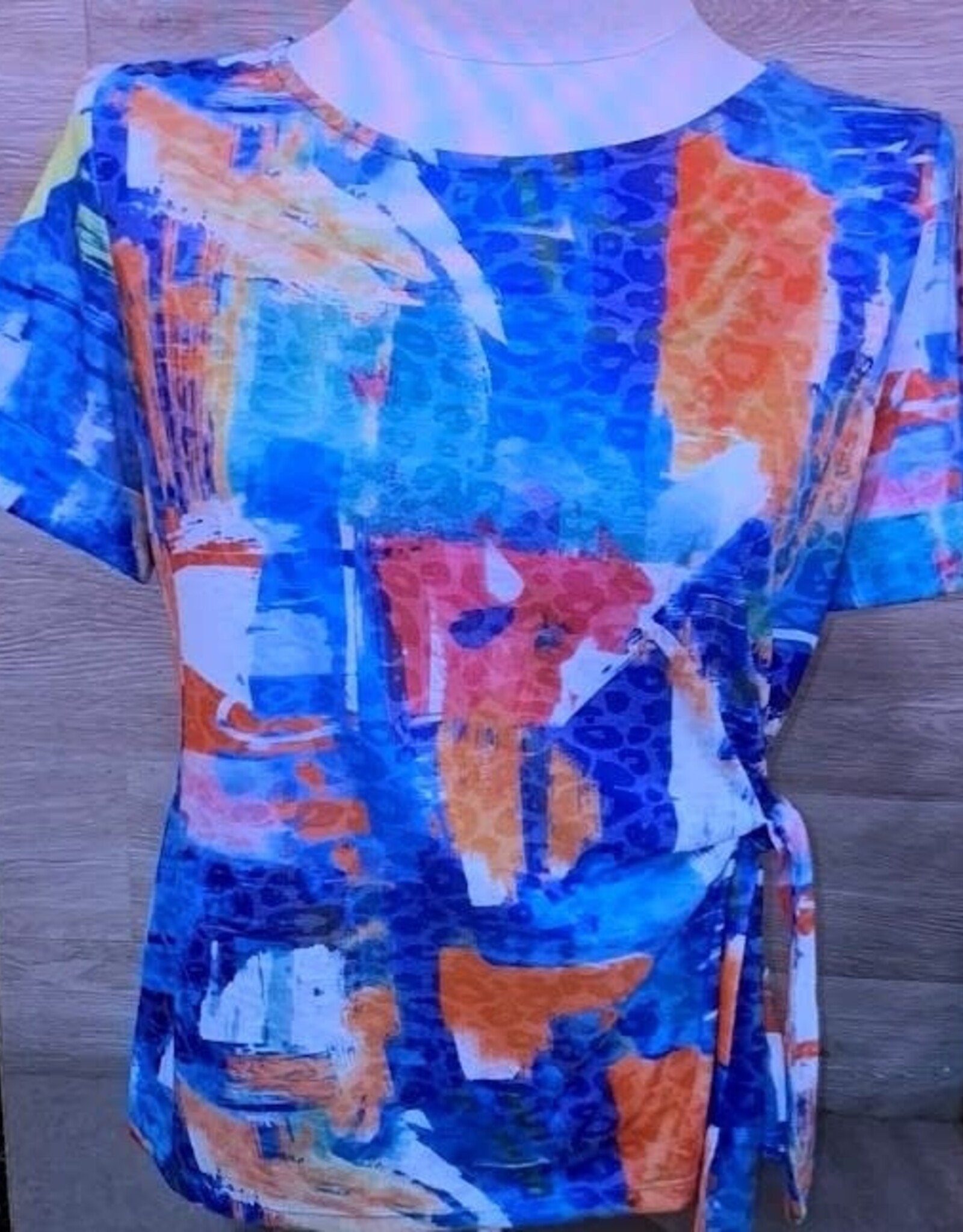 Bali Bali Multi Color Print Round Neck S/S Side Tie Detail Top