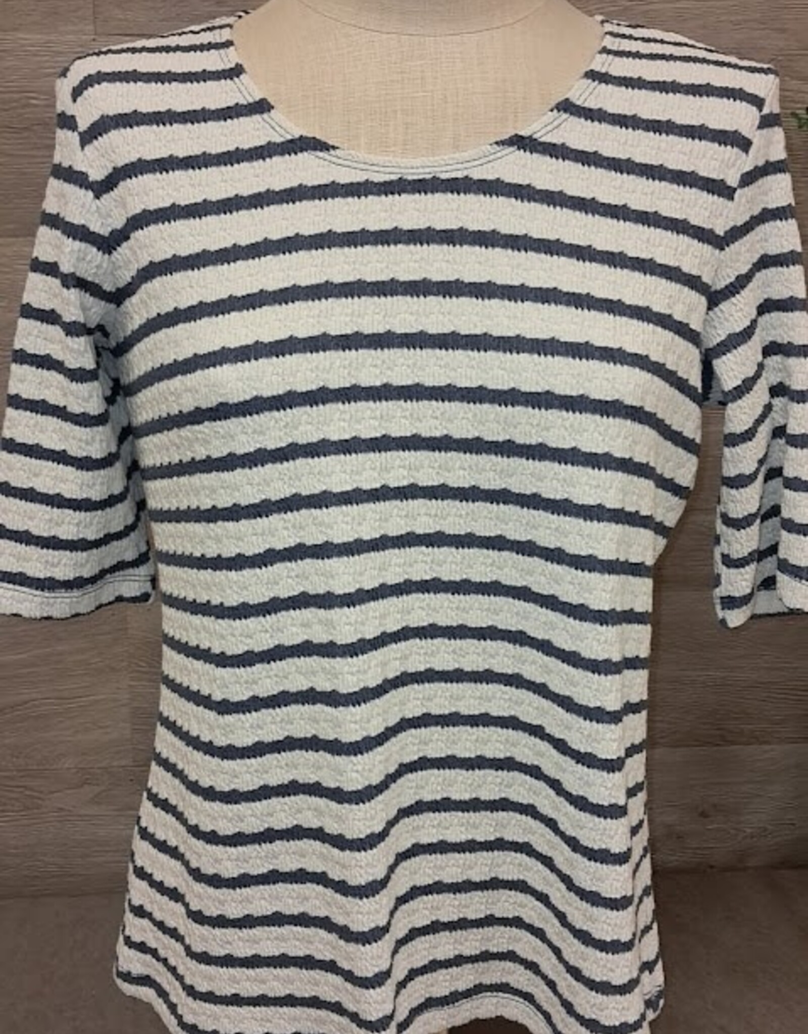 Bali Bali Heather Blue/Ecru Stripe Round Neck S/S Top